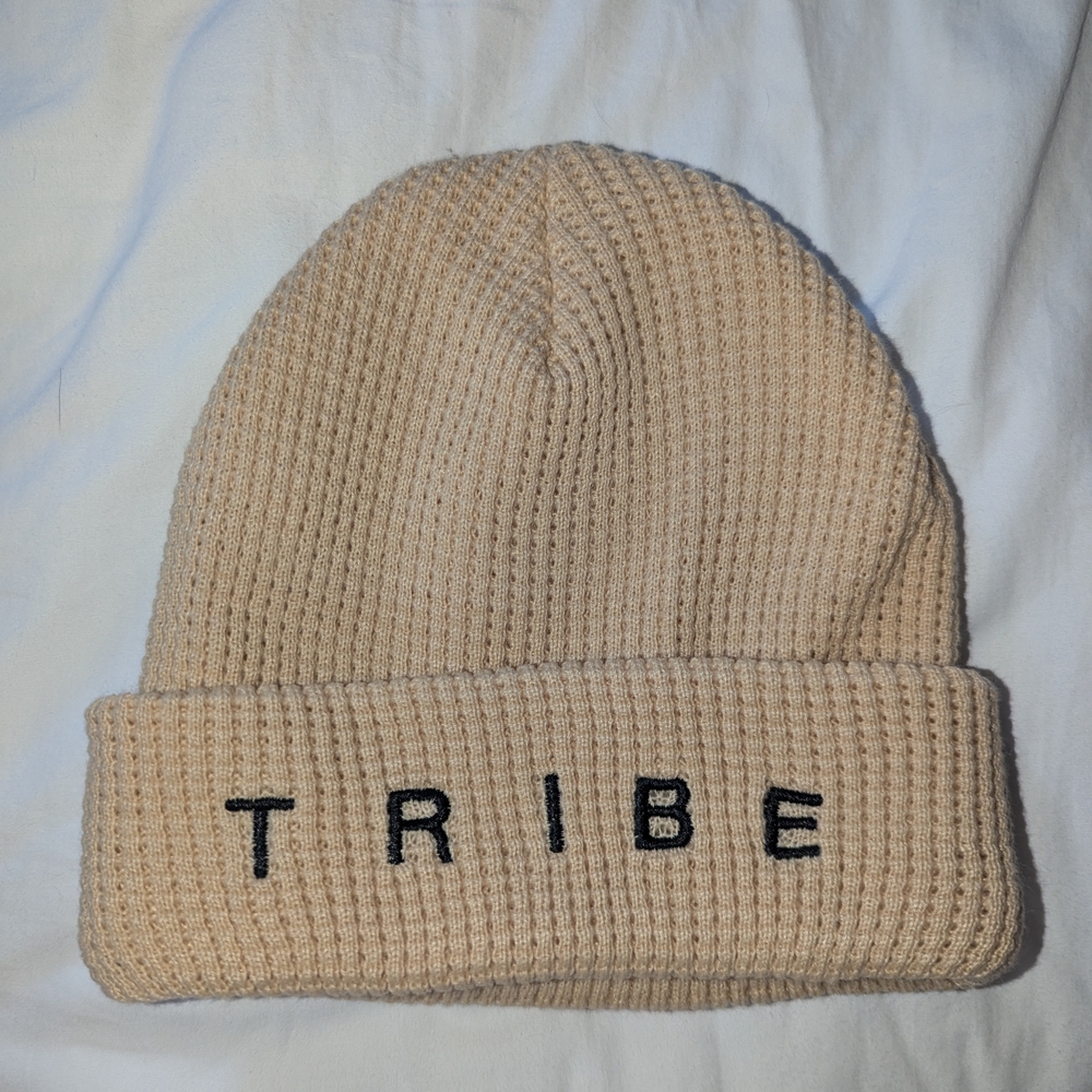 Beige Knit Beanie with 'TRIBE' Embroidery